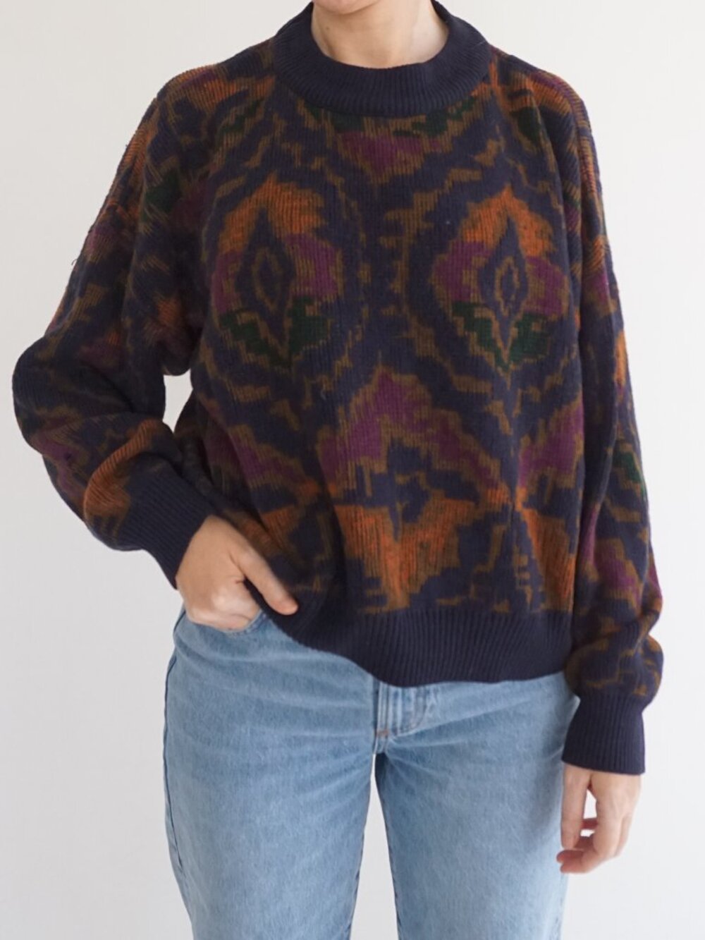 Vintage John Ashford Navy Multicolor Geometric Knit Sweater Wool In Italy L